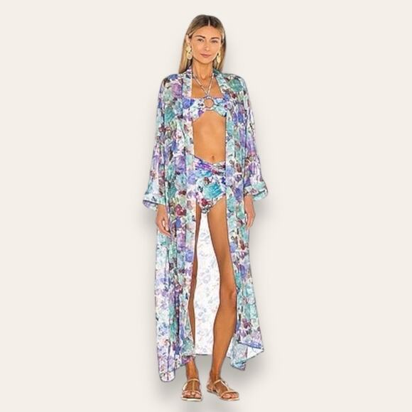 PatBO Blossom Beach Robe in Violet Open Front Waist Tie Purple Blue Chiffon - Picture 1 of 10